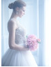 Richly Beaded Ivory Tulle Sheer Buttons Back Wedding Dress